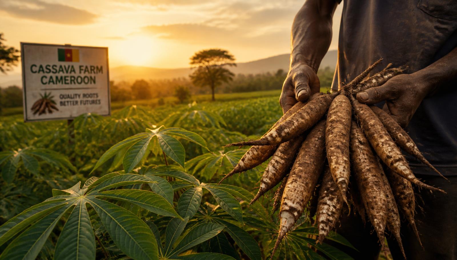 Farmer holding freshly harvested cassava roots in a Cameroonian field